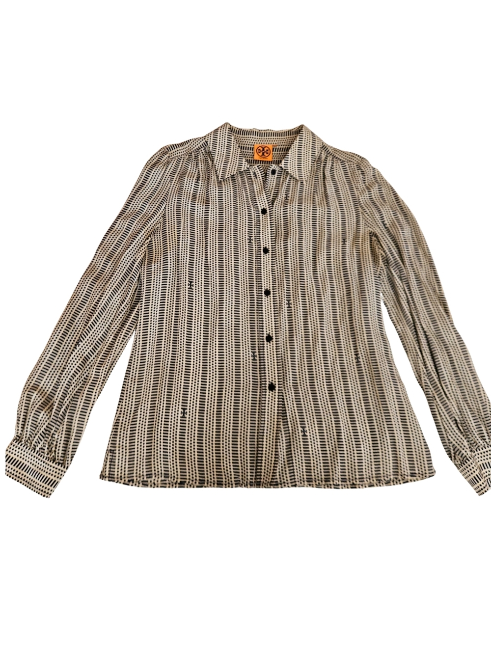 Tory Burch 100% Silk Black and Cream Geometric Print Blouse